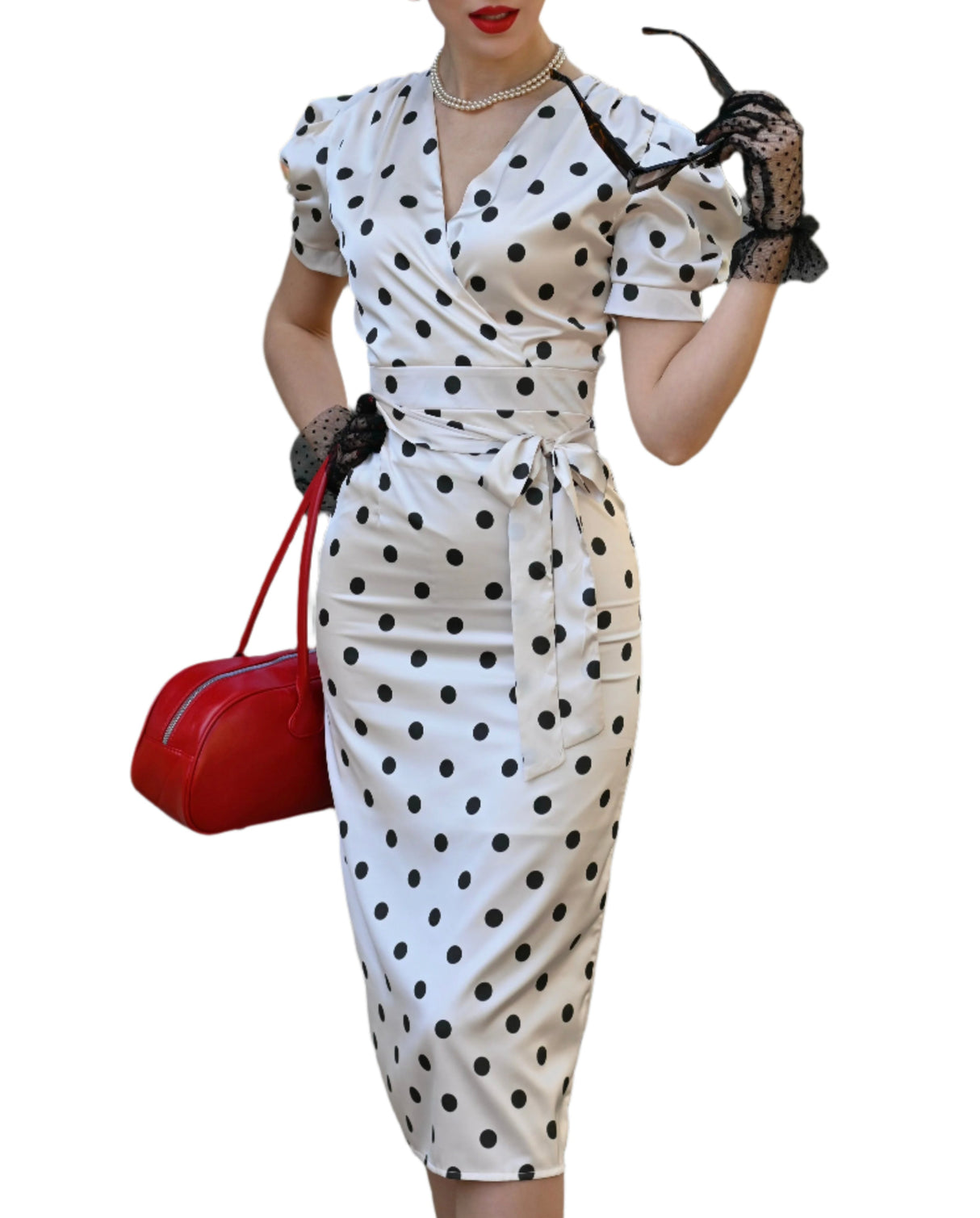 Années 50 Robe Midi à Pois Monroe à Manches Ballon