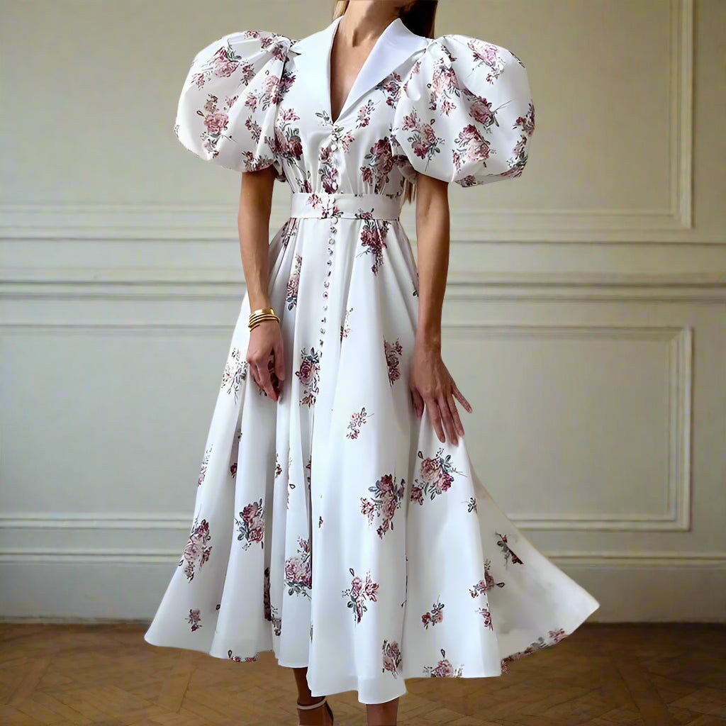 Années 40 Robe Midi Imprimé Fleur Manches Ballon - Ma Penderie Vintage