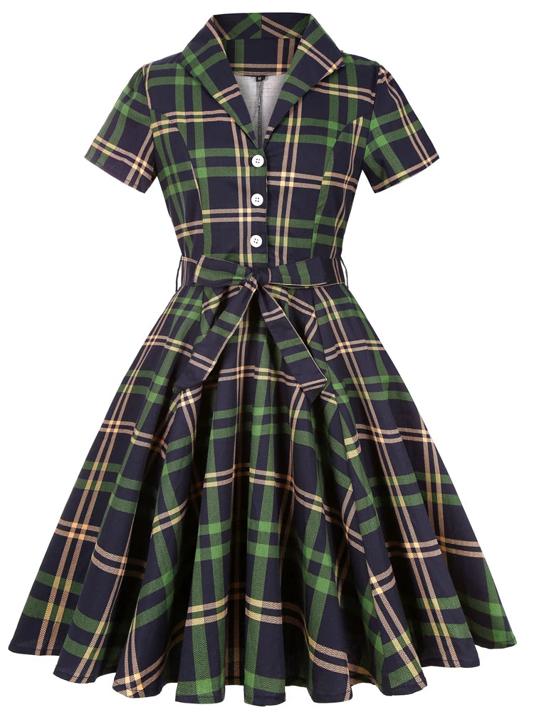 - <tc>1940's</tc> Checkered Swing Dress With Retro Bow