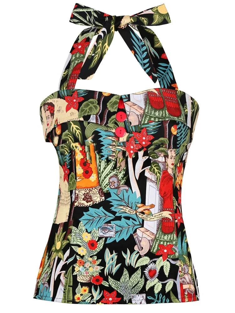 <tc>1950's</tc> Retro Print Pin Up Strap Top