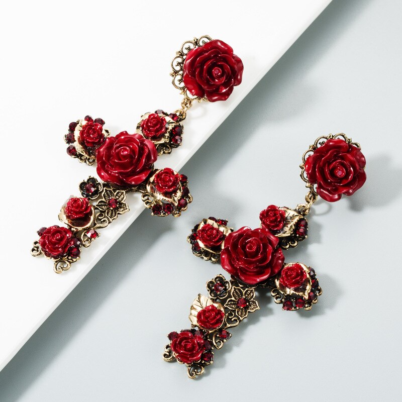 <tc>1950's</tc> Baroque Rose Cross Earrings