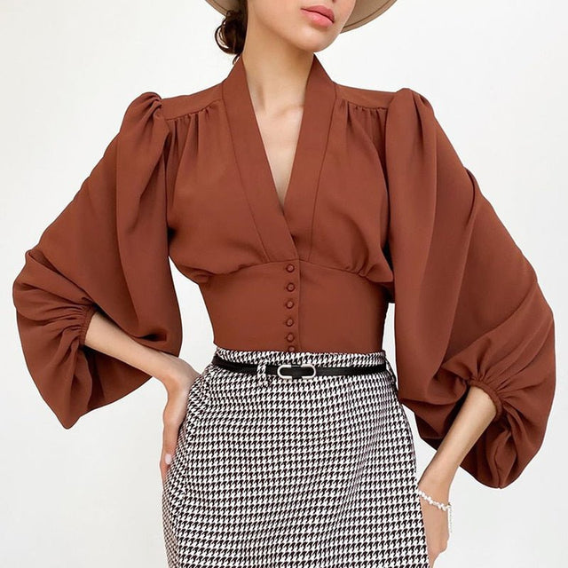 Chemisier Femme Allegra K Rouge – Manches Bouffantes, Col V Et Boutons